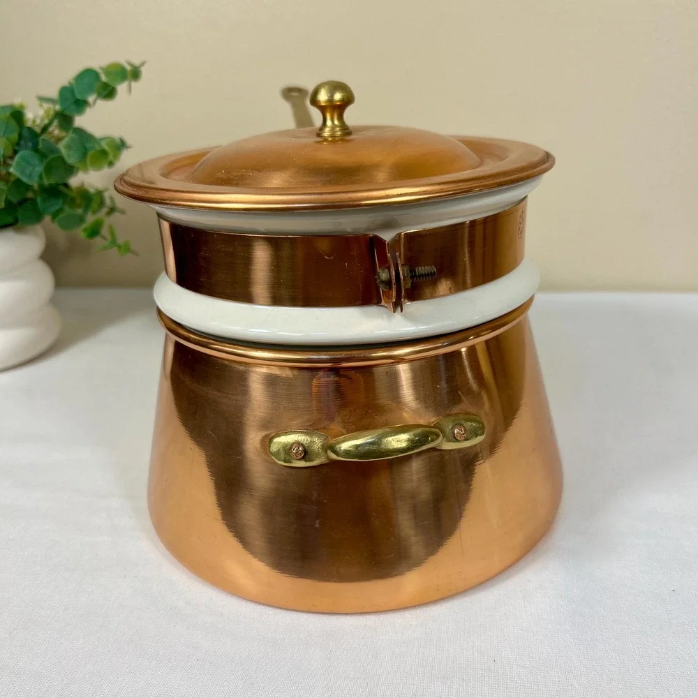 Vintage Copper Double Boiler With Brass Handles | 3 Piece Set